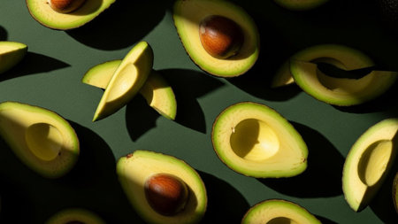A vibrant and healthy arrangement of fresh avocado halves and slices scattered across a dark green background. The bright green flesh and rich brown pits of the avocados are highlighted by dramatic studio lighting, casting distinct shadows that add depth and visual interest. The composition is shot from an overhead perspective, showcasing the natural textures and colors of the fruit. emphasizes the freshness and nutritional value of avocados.の素材
