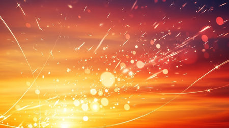 A vibrant and energetic abstract background featuring a fiery gradient of orange, red, and yellow. Numerous sparkling light particles and streaks of light create a dynamic and celebratory feel. Soft, glowing bokeh circles add depth and a sense of luminous energy to the composition.の素材
