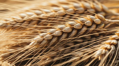 An extreme close-up macro shot of golden wheat stalks, showcasing intricate details of the grain and plant structure. The warm, natural sunlight illuminates the ripe seeds and dry stalks, highlighting their texture and color. The shallow depth of field blurs the background, full attention to the wheat. evokes a sense of natural abundance, harvest, and the raw beauty of agricultural products, themes related to food, farming, and natural ingredients.の素材