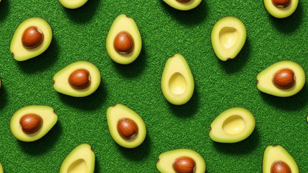 A vibrant overhead view showcases numerous fresh avocado halves, each with its prominent brown pit, artfully arranged on a textured, bright green artificial grass background. The contrasting colors and the repeating pattern of the fruit create a visually appealing and clean composition. highlights the natural beauty and healthy appeal of avocados, food-related themes.の素材