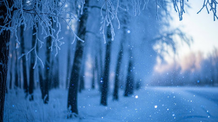 A serene winter forest scene bathed in soft blue light. Frosted tree branches hang in the foreground, dusted with ice and snow. Delicate snowflakes drift down, creating a magical, ethereal atmosphere. The background a blurred line of trees and a hint of warm light on the horizon, suggesting either dawn or dusk. The overall mood is peaceful and tranquil, capturing the quiet beauty of a snowy woodland.の素材