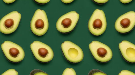 a visually appealing pattern of fresh avocado halves arranged on a solid green background. Each avocado half is presented with its smooth, vibrant green skin and the characteristic brown pit, showcasing the natural texture and color of the fruit. The repetition and symmetry of the arrangement create a clean and composition, highlighting the healthy and organic nature of the avocados. The overhead perspective emphasizes the uniformity and visual rhythm of the foodの素材