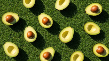 A vibrant overhead shot showcases numerous halved avocados artfully arranged on a lush green lawn. The bright green of the grass contrasts beautifully with the creamy yellow-green flesh and rich brown pits of the avocados. Sunlight casts distinct shadows, adding depth and dimension to the composition. highlights the natural beauty and freshness of the fruit, presented in a clean and visually appealing pattern.の素材
