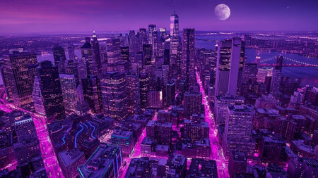 An aerial view of a sprawling cityscape at night, bathed in an intense purple and pink neon glow. Towering skyscrapers are illuminated, casting vibrant light onto the streets below. The full moon hangs in the dark sky, adding a celestial to the futuristic and energetic urban landscape. evokes a sense of advanced technology and a dynamic, electric atmosphere.の素材