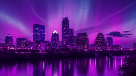 A futuristic cityscape bathed in vibrant purple light. Tall skyscrapers and modern buildings are illuminated, casting a colorful glow that reflects beautifully on the calm water of a river in the foreground. The sky above is a deep violet, with streaks of light resembling an aurora borealis, creating an ethereal and atmospheric night scene. The overall mood is serene yet dynamic, highlighting the urban landscape with a touch of fantasy.の素材