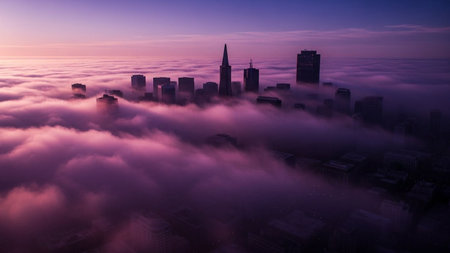 An awe-inspiring aerial view of a modern city skyline piercing through a thick blanket of vibrant purple and pink clouds at sunrise. The towering skyscrapers and architectural structures emerge dramatically from the ethereal mist, creating a surreal and futuristic landscape. The soft hues of dawn paint the sky, casting a moody and atmospheric glow over the urban expanse. captures a sense of wonder and the vastness of a city enveloped in a dreamlike, otherworldly cloud formation.の素材