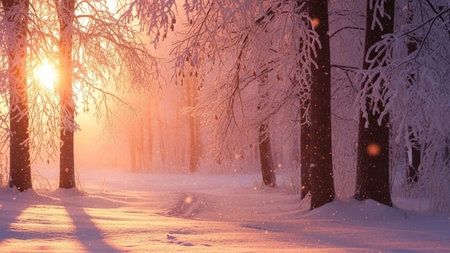 A winter scene bathed in the warm glow of a golden sunrise. Sunlight streams through the bare, frosted branches of trees, casting long shadows on the snow-covered ground. Delicate snowflakes drift down, adding to the magical and serene atmosphere of this tranquil forest landscape. The soft hues of pink and orange create an ethereal and peaceful mood.の素材