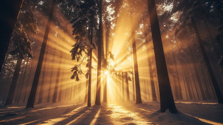 golden sunbeams dramatically pierce through the dense canopy of a snow-covered forest. Tall pine trees stand silhouetted against the bright light, their branches dusted with snow. Long, sharp shadows stretch across the frosted forest floor, creating a striking contrast between light and dark. The atmosphere is serene and ethereal, evoking a sense of peace and wonder in the winter wilderness. captures the magical beauty of sunlight filtering through trees during the golden hour.の素材