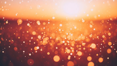An abstract background filled with numerous out-of-focus circular lights, creating a bokeh effect. The dominant colors are warm golden and orange hues, suggesting the glow of a sunset or a festive celebration. The lights vary in size and intensity, with some appearing as bright points and others as larger, softer orbs. This creates a dreamy, ethereal, and shimmering atmosphere, conveying warmth, joy, or a sense of magic.の素材