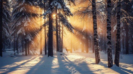 A magical winter forest scene bathed in the warm glow of golden sunbeams. Sunlight streams through the snow-laden branches of pine and birch trees, casting long, dramatic shadows on the pristine snow-covered ground. A lone deer stands peacefully in a clearing, its silhouette highlighted by the radiant light. The atmosphere is serene and tranquil, evoking a sense of quiet solitude and the untouched beauty of nature during winter.の素材