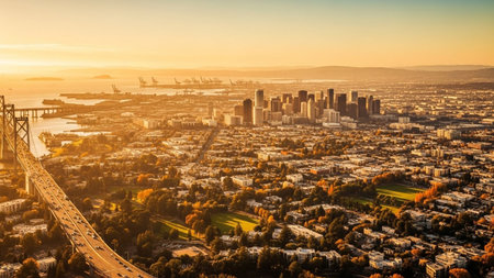 This expansive aerial view showcases the iconic Golden Gate Bridge, with its highway bustling with traffic, leading towards the San Francisco cityscape at sunset. The warm, golden light of dusk bathes the entire scene, highlighting the urban sprawl, the distant bay, and the rolling hills. The city skyline is visible in the distance, alongside industrial port facilities with cranes. The captures the grandeur of the engineering marvel and the vastness of the urban landscape under a warm sky,...の素材