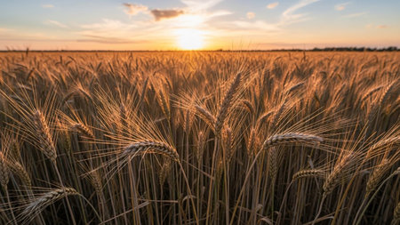 A close-up perspective of a vast golden wheat field at sunset. The sun is low on the horizon, casting a warm, orange-yellow glow across the ripening stalks of wheat. Individual ears of wheat are sharply in focus in the foreground, with the field stretching out towards the distant horizon. The sky above is a blend of soft blues and oranges, with wispy clouds catching the last rays of sunlight. The overall mood is serene, peaceful, and abundant, highlighting the beauty of agricultural...の素材