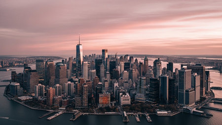 An aerial view of the New York City skyline at dusk, with the sky painted in soft shades of pink and purple. Numerous skyscrapers of varying heights dominate the view, reflecting the fading light. The city lights begin to twinkle as darkness descends. The water of the harbor or river is visible in the foreground, with bridges and waterfront structures adding detail to the expansive urban landscape. captures the grandeur and energy of the iconic metropolis.の素材
