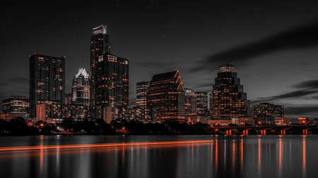A striking night view of a modern city skyline dominated by towering skyscrapers. The buildings are illuminated with vibrant orange lights, creating a warm glow against the dark, moody sky. The city's lights are beautifully reflected on the calm water in the foreground, with streaks of light suggesting movement. A bridge spans across the water, connecting different parts of the urban landscape.の素材