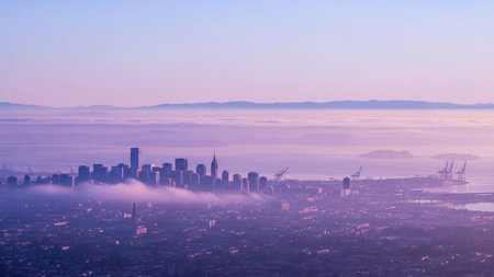 An atmospheric aerial view captures a sprawling cityscape at dawn, shrouded in a soft purple and pink mist. Tall skyscrapers emerge from the fog, their silhouettes softened by the atmospheric conditions. In the distance, a range of mountains forms a hazy horizon. A body of water, likely a bay or harbor, is visible with industrial cranes dotting the waterfront. The pastel color palette and gentle light create a serene and tranquil mood.の素材