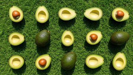 An overhead perspective presents a vibrant arrangement of ripe avocados artfully placed on a bed of lush green grass. Both whole fruits and perfectly halved avocados, revealing their smooth flesh and prominent pits, are showcased. The bright green of the grass provides a striking contrast to the deep green of the avocados, creating a visually appealing and fresh composition. is themes related to healthy eating, organic produce, culinary inspiration, or a natural, wholesome lifestyle.の素材