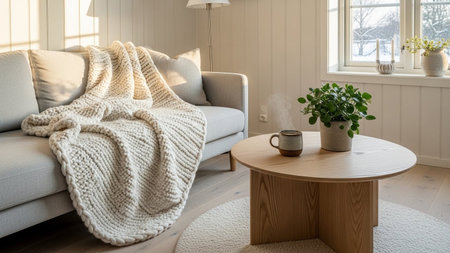A warm and inviting living room interior bathed in soft natural light. A plush, light-colored sofa is draped with a thick, chunky knit blanket, suggesting comfort and coziness. In front of the sofa sits a round, light wood coffee table. On the table, a ceramic mug emits a gentle wisp of steam, hinting at a warm beverage. A small potted green plant adds a touch of life to the table. The background pale, paneled walls and a window with a glimpse of a winter landscape outside. The overall...の素材