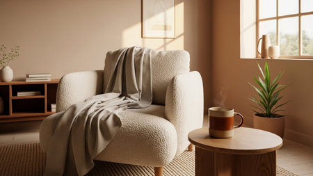 A serene and cozy living room corner is depicted, featuring a plush, cream-colored boucle armchair as the focal point. A soft, neutral-toned throw blanket is casually draped over the chair, adding to its inviting texture. Beside the armchair sits a small, round wooden side table holding a warm-toned ceramic mug, suggesting a moment of relaxation. Sunlight streams in from a nearby window, casting gentle shadows and highlighting the textures of the rug beneath the furniture and a potted green...の素材