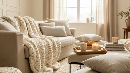 A cozy and inviting living room interior bathed in soft, natural light filtering through sheer curtains. A plush sofa is draped with a chunky knit blanket and an assortment of comfortable pillows in warm, neutral tones. A wooden tray on an ottoman holds a mug, a lit candle, and a stack of books, creating a serene and relaxing atmosphere. The decor emphasizes comfort and a peaceful lifestyle.の素材