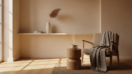 A tranquil corner of a living room is depicted, featuring a comfortable armchair draped with a textured blanket. A small wooden side table holds a steaming cup of coffee and a vase with dried pampas grass. Sunlight streams through a window, casting long shadows across the wooden floor and a woven rug. The scene exudes a sense of calm, comfort, and minimalist elegance.の素材