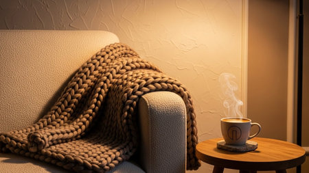 A close-up shot of a plush, cream-colored sofa draped with a thick, chunky knit blanket in a warm brown hue. A small, round wooden side table holds a white ceramic mug filled with a steaming hot beverage, resting on a textured coaster. The background a softly lit wall with a subtle textured finish, creating a cozy and inviting atmosphere. The warm, ambient lighting casts a gentle glow, enhancing the feeling of comfort and relaxation. This scene evokes a sense of hygge and peaceful...の素材