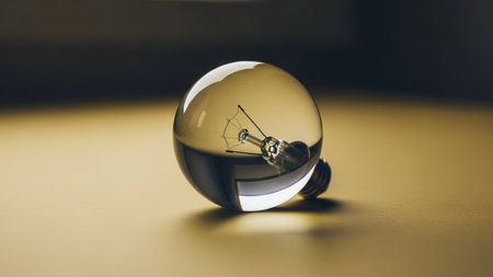 A striking macro captures a crystal ball placed on a golden surface, magnifying the intricate filament of a light bulb within its transparent sphere. The warm, soft lighting creates a dramatic contrast with the dark background, highlighting the delicate details of the filament and the spherical refraction. evokes themes of ideas, innovation, and the power of illumination, presented in a visually and abstract manner.の素材