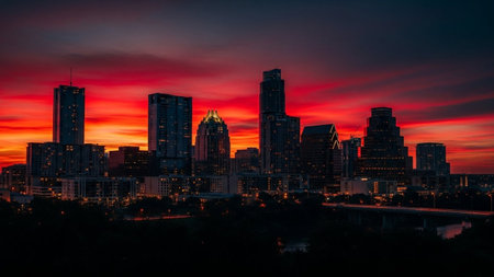 A dramatic sunset paints the sky with intense red and orange hues over a city skyline. Silhouetted skyscrapers stand against the vibrant, fiery clouds, creating a striking contrast. The lower part of the is dark, emphasizing the brilliance of the sky and the illuminated windows of the buildings. The scene captures a powerful and atmospheric moment at dusk.の素材