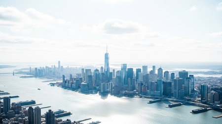 An expansive, high-angle aerial panoramic view of the New York City skyline and its surrounding waterways. Numerous skyscrapers, including the prominent One Trade Center, dominate the view. The city stretches towards the horizon, with the harbor and river in the foreground, dotted with boats and ships. The sky is bright with scattered clouds, casting a soft light on the urban landscape. showcases the scale and grandeur of the iconic metropolis.の素材