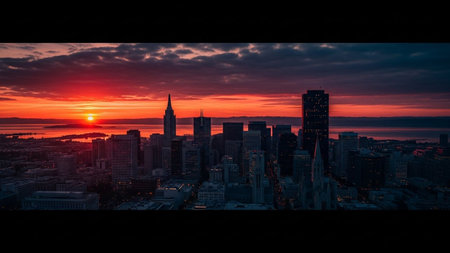 A aerial view captures a city skyline silhouetted against a dramatic sunset. The sky is ablaze with vibrant hues of orange, red, and deep purple, with streaks of clouds adding texture. The sun, a bright orange orb, is setting over a body of water, casting a warm glow on the distant horizon. Numerous skyscrapers of varying heights dominate the urban landscape, their forms softened by the fading light. The overall mood is one of awe-inspiring beauty and the vastness of the urban environment.の素材
