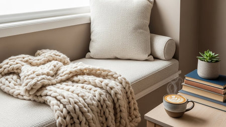 A cozy and inviting window seat is styled with a plush, thick knit blanket draped over its surface. A couple of books are stacked neatly on a small side table, alongside a steaming cup of coffee with latte A small potted succulent adds a touch of green to the scene. The neutral color palette of beige and cream, combined with soft textures and natural light filtering in, creates a sense of warmth and tranquility. perfectly captures the essence of hygge and a peaceful, comfortable lifestyle.の素材