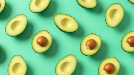 A visually appealing pattern of halved avocados arranged on a vibrant teal green background. Each avocado half clearly its smooth green flesh and the prominent brown pit in the center. The repetition of the fruit creates a clean, modern, and The bright, saturated background enhances the fresh, natural appearance of the avocados.の素材