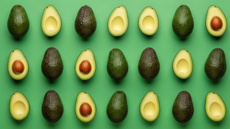 A vibrant green background serves as the canvas for a meticulously arranged pattern of avocados. The a top-down view of both whole, dark green avocados and perfectly halved ones, revealing their creamy flesh and prominent pits. The repetition of the fruit creates a visually appealing and symmetrical The clean, simple composition emphasizes the natural beauty and freshness of the avocados, making them appear appetizing and healthy. arrangement is showcasing healthy eating, culinary themes, or...の素材