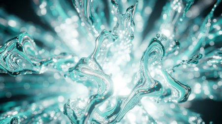 A close-up, abstract view of a dynamic explosion of aqua blue liquid. The fluid forms intricate, swirling shapes with a glossy, translucent texture. Bright, out-of-focus bokeh lights create a glowing, ethereal background, suggesting energy and movement. The overall impression is one of vibrant, futuristic motion and natural beauty rendered through digitalの素材