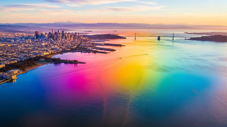 An aerial view showcases the San Francisco skyline and the bay at sunset or sunrise. The water in the bay reflects a vibrant, full spectrum of rainbow colors, creating a visual effect. The city's modern architecture and the iconic Golden Gate Bridge are visible in the distance. The sky is painted with warm hues of orange, pink, and yellow, complementing the colorful water.の素材