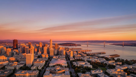 An aerial view of the San Francisco skyline at sunset presents a panorama. The sky is painted with vibrant shades of orange and pink, with soft clouds streaking across the horizon. The city's modern skyscrapers and iconic buildings are illuminated by the warm, golden light of the setting sun. The bay stretches out, reflecting the colorful sky, with bridges and boats visible in the distance. The overall scene is a and atmospheric depiction of a vibrant urban landscape at twilight.の素材