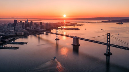 An aerial perspective showcases the iconic San Francisco Bay Bridge illuminated by the warm glow of a sunset. The sky is a canvas of fiery oranges and soft pinks, reflecting beautifully on the calm waters of the bay. The city skyline, with its distinct skyscrapers, forms a dramatic backdrop. Several boats are visible on the water, leaving trails of light as they move, adding a dynamic to the serene urban landscape.の素材