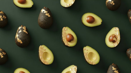 presents a visually striking pattern of avocados arranged on a dark green background. The avocados are shown both whole and halved, revealing their creamy green flesh and prominent brown pits. Select avocados and their cut surfaces are adorned with delicate, shimmering gold leaf, adding a touch of luxury and artistic flair. The composition is a clean, top-down view, creating a repeating motif that is both modern and The contrast between the deep green, the vibrant green of the avocado flesh,...の素材