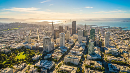 An expansive aerial view of the San Francisco cityscape bathed in the warm glow of a sunset. Tall skyscrapers dominate the urban landscape, interspersed with residential areas and green parks. The San Francisco Bay stretches out in the distance, with the iconic Golden Gate Bridge visible, connecting the city to the surrounding hills. The sky is a gradient of orange, pink, and blue, with soft clouds adding texture. The overall mood is serene and capturing the beauty of a coastal metropolis at...の素材