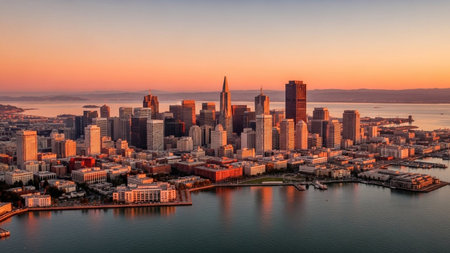 An aerial view captures the iconic San Francisco cityscape at sunset. The sky is ablaze with warm hues of orange, pink, and yellow, casting a golden glow over the city and the bay. Tall modern buildings and skyscrapers dominate the skyline, their structures illuminated by the fading sunlight. The calm waters of the bay beautifully reflect the warm colors of the sky and the city lights, creating a and vibrant urban landscape.の素材