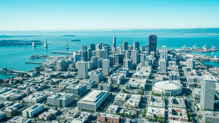 An expansive aerial view captures the bustling San Francisco cityscape under a clear blue sky. Numerous modern skyscrapers dominate the downtown area, showcasing a dense urban environment. The iconic Bay Bridge stretches across the tranquil blue bay, connecting the city to the distant land. Industrial port facilities with cranes are visible on the right, hinting at the city's economic activity. The scene is bathed in bright sunlight, highlighting the architectural details of the buildings...の素材