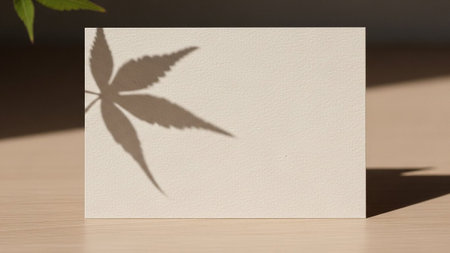 A delicate shadow of a maple leaf is cast across a textured cream-colored card, which rests on a light wooden surface. The shadow creates an organic, artistic against the clean, minimalist of the card. Natural sunlight filters in, casting subtle shadows and highlights, creating a serene and peaceful atmosphere. is mockups, stationery, or as a subtle, background.の素材