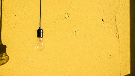 A single, clear glass incandescent light bulb hangs from a black cord against a vibrantly textured yellow wall. The rough surface of the wall imperfections and is illuminated by strong sunlight, casting distinct shadows to the left and right. The filament inside the bulb is visible, hinting at its potential to provide light. The composition is minimalist, focusing on the contrast between the light bulb, the textured wall, and the interplay of light and shadow.の素材