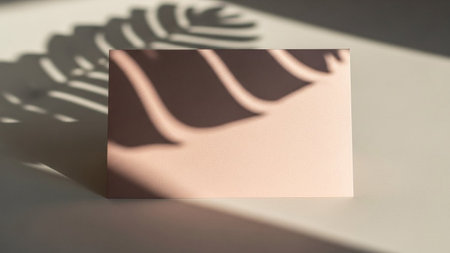A soft pink card is placed on a neutral beige surface, bathed in warm, directional sunlight. The light casts a distinct shadow of palm leaves across the card and the surface, creating a play of light and shadow. The overall aesthetic is minimalist, clean, and with a subtle tropical feel. The soft focus and gentle lighting contribute to a serene and peaceful atmosphere. is mockups, presentations, or as a background for design-relatedの素材