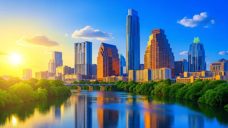 The vibrant Austin skyline is captured at sunset, bathed in the warm glow of the golden hour. Tall skyscrapers and modern buildings stand proudly against a clear blue sky dotted with soft, colorful clouds. A wide river flows in the foreground, its surface perfectly mirroring the cityscape and the vibrant hues of the setting sun. Lush green trees line the riverbanks, adding a touch of nature to the urban panorama. The scene is alive with color and light, conveying a sense of energy and beauty.の素材