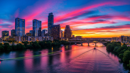 The Austin skyline is dramatically illuminated by a vibrant sunset. The sky is a canvas of intense pink, orange, and purple hues, with streaks of blue. The Colorado River in the foreground reflects the colorful sky and the city lights. Several boats are visible on the water, leaving trails of light. Tall modern buildings and a bridge contribute to the urban landscape, creating a dynamic and energetic scene.の素材