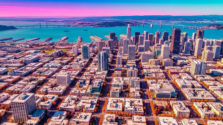 A vibrant and colorful aerial perspective showcases a sprawling city with a dense collection of modern buildings and skyscrapers. The urban landscape extends towards a wide body of water, likely a bay or ocean, with several bridges spanning its expanse. The sky above is a vivid gradient of pink and blue, complementing the turquoise water and the warm tones of the city. Streets and residential areas are visible, creating a dynamic and energetic urban panorama.の素材
