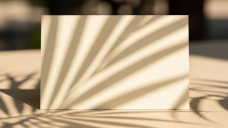 A minimalist composition showcases the soft, dappled shadow patterns cast by palm leaves onto a neutral-colored blank card. The light and shadow create an abstract, organic texture across the surface of the card, which is placed on a textured ground. offers ample copy space and a serene, tropical aesthetic, mockups or backgrounds.の素材