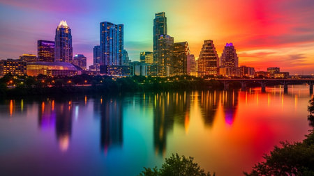 captures a vibrant cityscape skyline at sunset, with the sky ablaze in a spectrum of rainbow colors including orange, pink, purple, blue, and green. The city's modern skyscrapers and buildings are illuminated, casting reflections onto the calm river in the foreground. The water mirrors the dramatic sky and the city lights, creating a and colorful spectacle. The scene is atmospheric and dynamic, showcasing the beauty of an urban landscape during twilight.の素材