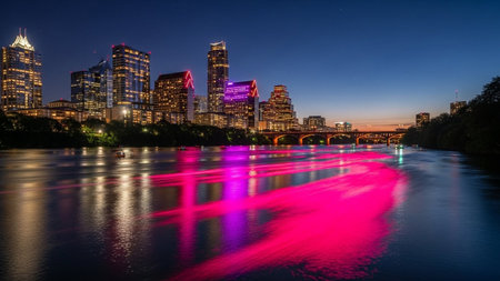 A dynamic urban panorama unfolds as the sun sets, casting a warm glow over a modern city skyline. Tall skyscrapers are illuminated with a spectrum of colorful lights, reflecting brilliantly on the dark water of a wide river. Streaks of vibrant pink and purple light trail across the water's surface, indicating the movement of boats or vehicles, adding a sense of energy and motion to the scene. The sky transitions from a deep blue to a soft twilight hue.の素材
