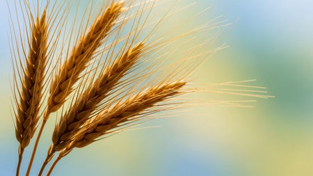 A detailed macro focuses on several golden ears of wheat, their textured surfaces and delicate awnings clearly visible. The wheat stalks are a rich golden-brown, catching the light and appearing almost luminous. The background is softly blurred with gentle hues of blue and green, creating a pleasing bokeh effect that isolates the and emphasizes its natural beauty. highlights the simple elegance and essential of this staple grain.の素材